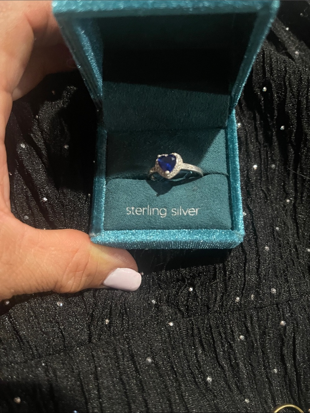 Sterling Silver Heart Ring with Blue Stone